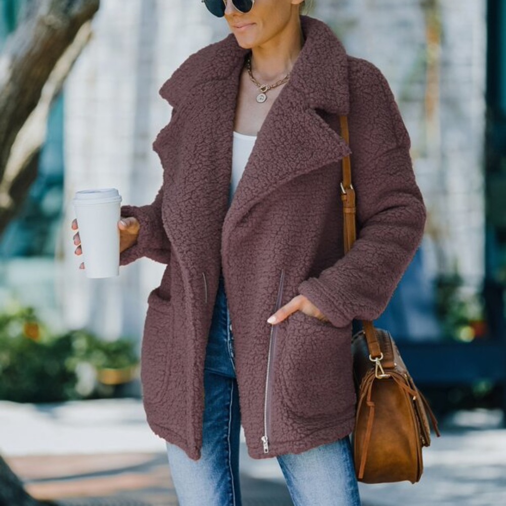 Cozy Khaki Tan Wide Collar Teddy Jacket Coat Oversized - Picture 11 of 16